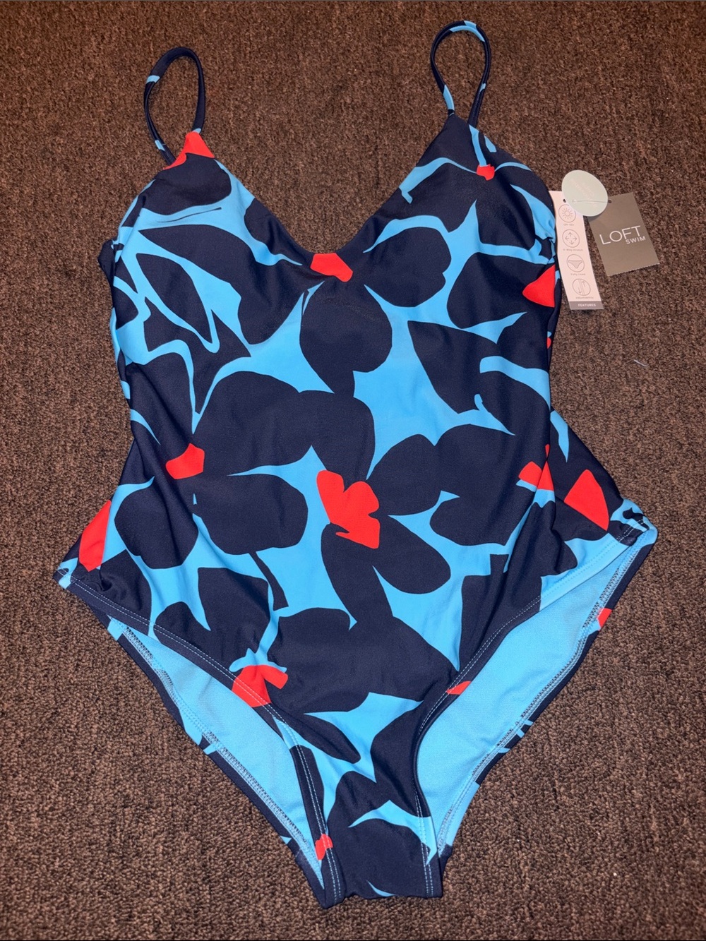 LOFT Blue Floral-Print women’s One-Piece Swimsuit with Red Accents